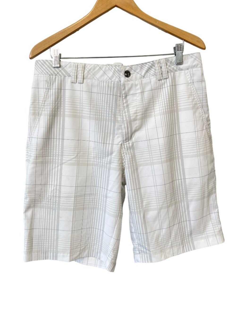 OGIO Golf Shorts Size 34 Flat Front Striped Plaid White Gray Active Performance